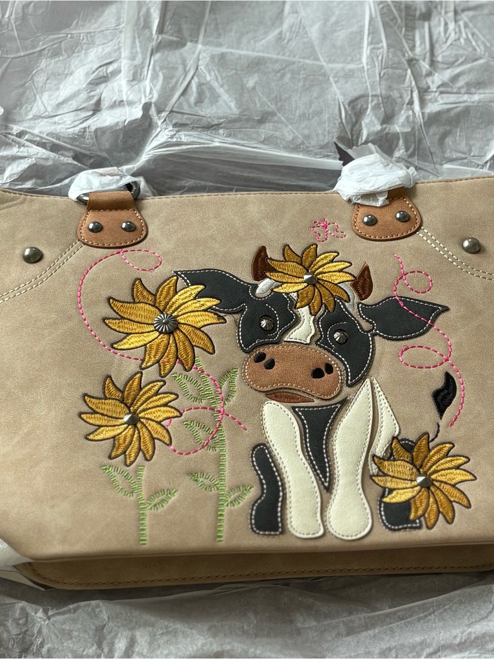 NWT Montana West Tote Purse Cow Embroidered Flower Brown Cream Faux Leather Bag